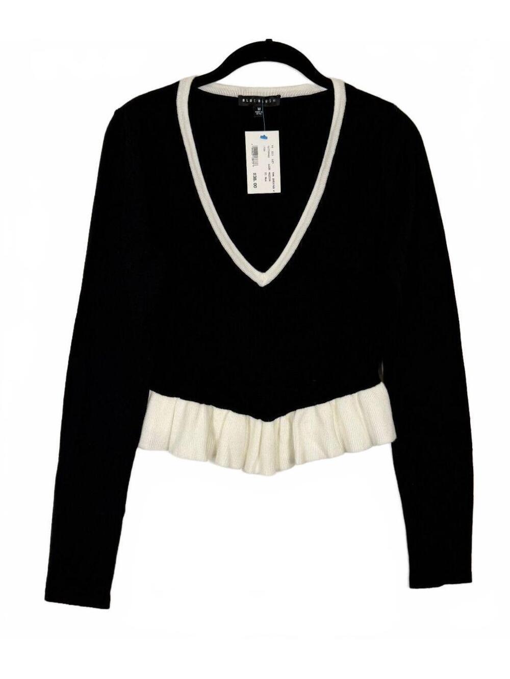 Blue Blush Contrast Tipped V-Neck Ruffle Trim Cropped Sweater Black White M